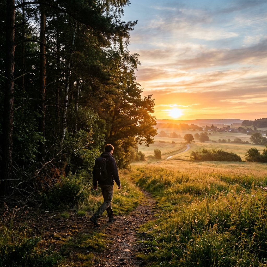 Man hiking on a wooded path at sunrise with countryside views