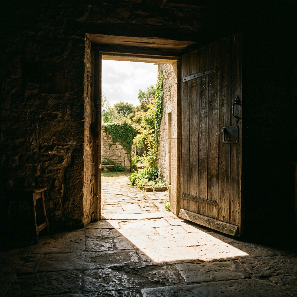 Open wooden door revealing sunlit garden with stone pathway and green plants