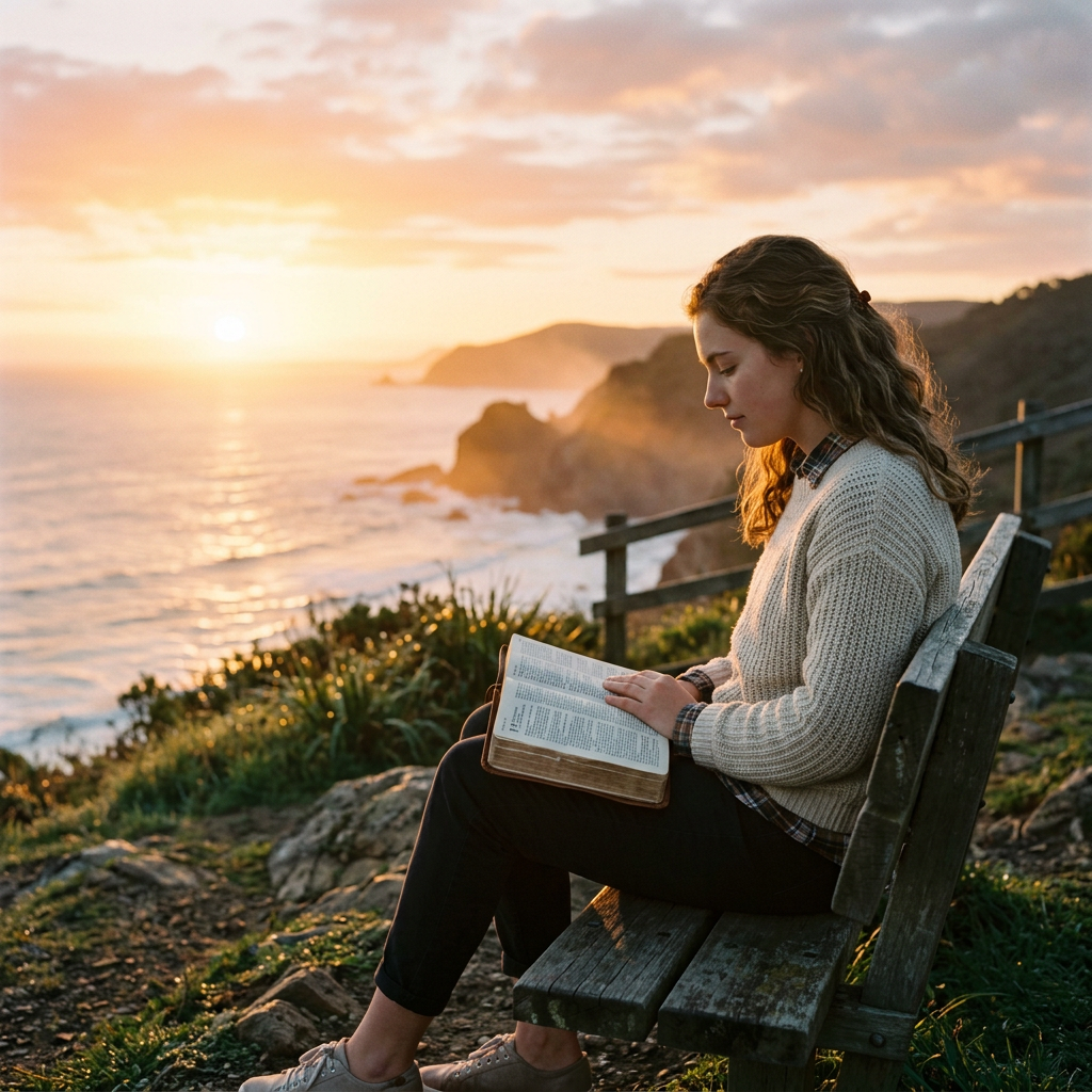 Woman reading a book on a wooden bench near a coastal cliff at sunset