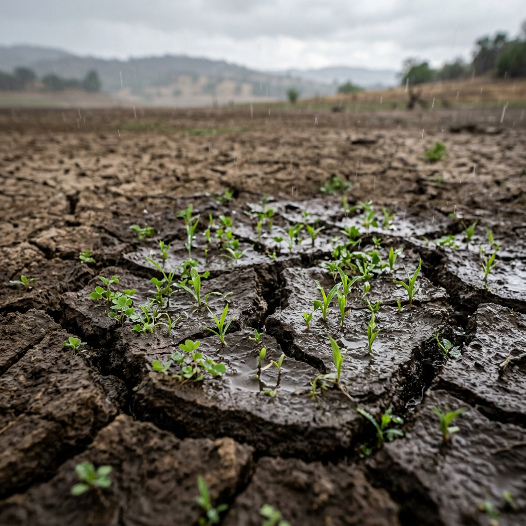 Small green seedlings growing on cracked, dry soil with raindrops falling