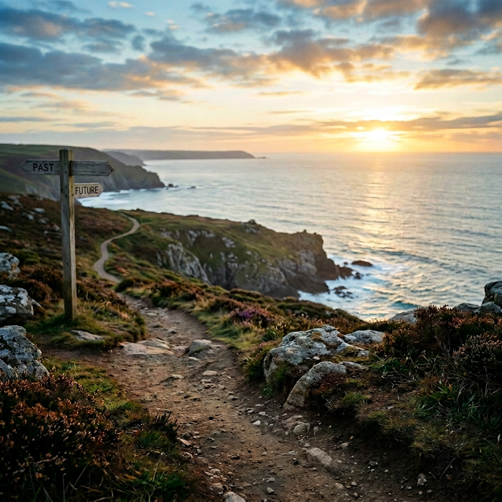 Hiker walking coastal trail beside signposts labeled Past, Faith, and Future